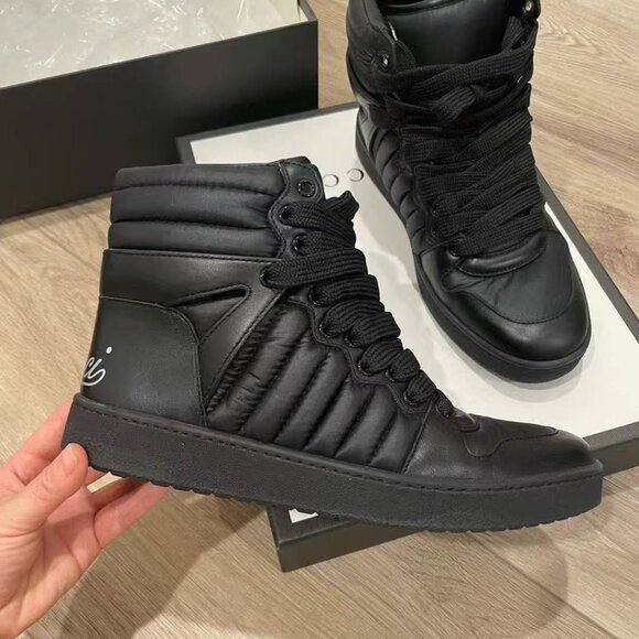 NIB Authentic  Gucci  Nylon Calfskin Mens High Top Sneakers 8.5 Black - Picture 1 of 8